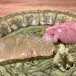 馳走 啐啄一十  - (ともにサスエ)天然の縞鯵(7日寝かせ)、金目鯛(10日寝かせ)