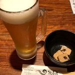 Zakoya - 生ビール中（550円）とお通し（250円）