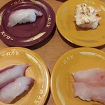 Sushiro - 右上から、えびチーズ、びん長まぐろ、はまち、しまあじ