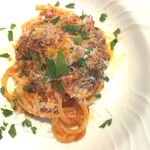 La Brianza - スパゲットーニプッタネスカペコリーノチーズたっぷり。トマトソースが美味しい上にオリーブの効きが程よく、太めのパスタといいバランス。久しぶりにいただけたワインバルバレスコにも合うありがとうございます☆
