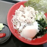 名代 富士そば - 冷やし肉体富士そば　530円　わさびと豆板醤みたいなやつが付いてきた