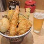 Hakata Tempura Yamaya - やまみ天丼1200円(税込)とノンアルビール450円(税込)