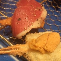 北新地　串かつ凡 - 水ウニと鴨的な何かが乗った串