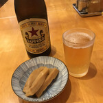 ラーメンブタヒロ×まぜまぜムタヒロ - 瓶ビールにサービスの材木メンマ♪