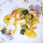 ペレグリーノ - 牡丹海老の低温ロースト　花ズッキーニとズッキーニのピュレア添え