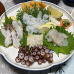 あさひ荘 - お造り盛り合わせ
      吸盤、吸盤剥がしたやつ、頭(生、焼)、ふつうの(焼)