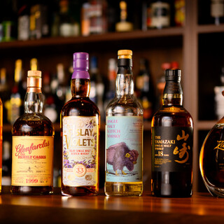 A wide variety of whiskeys are available, from Scotch to domestic products.