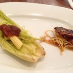 くろさわ東京菜 - ベビーコーン オキアミソース、秋刀魚の南蛮漬け