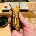 鮨 由う - ・プリン巻き（あん肝リゾット）とスイカの奈良漬け