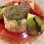 魚菜料理 縄屋 - 2.8kgの巨大鱧(神奈川)、賀茂茄子・筍・ビーツ〜賀茂茄子と土筍のソース