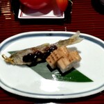 篝火の湯 緑水亭 - 穴子寿し     稚鮎田楽