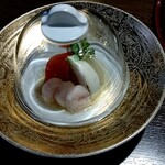 篝火の湯 緑水亭 - 煮トマト  玉葱  蕪の炙り  蟹奉書巻き  生姜酢