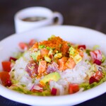 Tuna, salmon and avocado poke rice bowl with soup