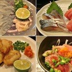 ずぼら - Sep-12　3回目　カワハギ刺し・まぐろ＆〆鯖・フグから揚げ・お通し