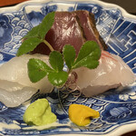 御料理 寺沢 - お刺身　かつおのたたき、鯛、ホシガレイ