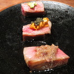 鳥茂 - 和牛のステーキ3種薬味食べ較べも、雲丹＆キャビア登場♪