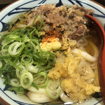 Marukame Seimen - 肉うどん　たっぷりネギ、生姜、天かす、七味トッピング　アップ