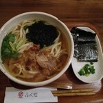 ふくだ - あおさうどん(大盛)。薬味の皿にある海苔がとても香り良かった。
