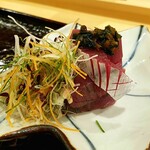 勢麟 - 「もち鰹　行者大蒜の醤油漬け」大振りに切られた鰹が口の中で跳ねまわる。口福極まりました。