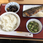 Aichi Komaki Shokudou - 私の定食  焼き鯖 ナスの煮びたし おくら ご飯