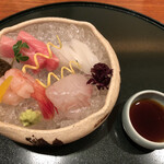 和やまむら - 造り盛り合わせ（天然ヒラメ、甘エビ、ケンイカ、トロ）