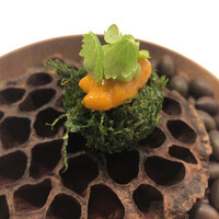 Installation Table ENSO L'asymetrie du calme - 初めは刻み大葉でデコレートされた海老団子の生雲丹乗せ！パクッと一口で！大葉と雲丹の風味に海老の旨味、そして蓮根の食感も楽しめてなかなか美味しいですね！