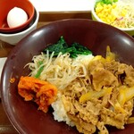 Sukiya - 牛丼並350  ビビンバトッピング230  おんたま80