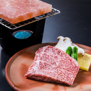 Okayama's branded beef "Chiya Beef". Grilled Steak, skewers, and rock salt plate.