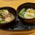 Okinawa Ryour Shima Sakaba Garakuta - お通し（うずらの卵の醤油漬け、肉団子の入った野菜たっぷりスープ）