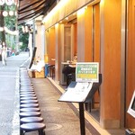 月島もんじゃ くうや - 綺麗に整頓されたテラスの丸椅子