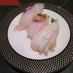 金沢まいもん寿司 - 日替わり三貫盛り(ばい貝、かわはぎ、真鯛)