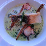 ラ・フルール - サゴシ、タコ、ニンジン？のカプチーノ仕立て。微妙に酸っぱい味付けは真似するすべもない。