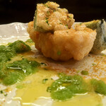 名前のないイタリア料理店 - 鱧のフリット、胡瓜とすだちのソース