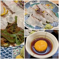 和食日和 おさけと 日本橋 - 松皮鯛（鯛に布巾などをかぶせ、上から皮目に熱湯をかけたらすぐに氷水で冷やしたもの）の下には海藻がたくさん。
                    海藻の粘りがご飯にとても合い美味しかったです。
                    甘めのタレに黄身をかき混ぜご飯にかけます。