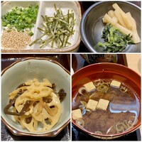 和食日和 おさけと 日本橋 - 薬味に漬物、蓮根とキクラゲのきんぴらの小鉢と豆腐の味噌汁。