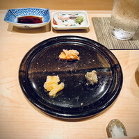 鮨 はしもと - ３種類の珍味　鮟肝、海老のカラスミ和え、鮎のペースト