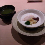 神楽坂 石かわ - デザート　栗のアイスクリーム　抹茶寒天　新小豆　ココナツミルク