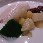 神楽坂 石かわ - デザート　栗のアイスクリーム　抹茶寒天　新小豆　ココナツミルク