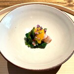 温石 - 才巻海老 黄身酢がけ クレソン スベリヒユ