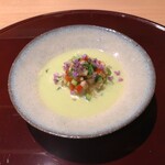 おみ乃 - ずんだ素麺（水茄子 + もろきゅう + 赤万願寺とうがらし + 伊達鶏 もも肉）