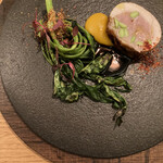 communico - 大和肉鶏のバロティーヌ。胸肉しっとり。もも肉のミンチ。空芯菜。黒ビールのソース。中国料理っぽいw