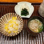 竹屋町 三多 - とうもろこしご飯　アグー豚に三種類の味噌を合わせたみそ汁　香の物