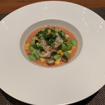 ラ・ヴェーナ・デル・レンニョ - 清野ファームの完熟トマトのガスパチョ　
      　　　〜魚介と野菜のマリネ添え