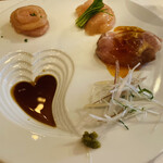 焼鳥YAMATO - 南薩摩種鶏の色々なお刺身 生とうがらしとポン酢で