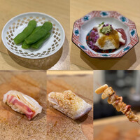 鮨　まつ本 - 枝豆、鰹とろろコノワタ、真鯛、ホッキ貝、ホッキ貝ひも