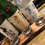 Sake To Wasouzai Rashiku - 日本酒飲み比べ（左から大信州・鳳凰美田・天山）