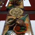 割烹 清風 - 八寸：ジュンサイと雲丹の擦り流し、稚鮎の天ぷら、焼きナスのジェノベーゼソース、バイ貝