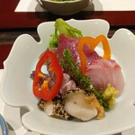 割烹 清風 - お造り：カツオ、コショウダイ、シャコ、つぶ貝
