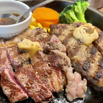Ikinari Suteki - ワイルドコンボ300g(ステーキ150g＋ハンバーグ150g)@1265円   ワイルド食べ比べ。ステーキは堅くないし筋張ってもいない。かといってイタズラも感じない。ハンバーグは肉肉しくてかなりグー✊
