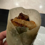 蓮心 - 7.鰻と茄子と木の芽のクレープ巻 ピリ辛ソース仕込み
      今回のダークホース。鰻の脂ととろける茄子わわクレープが包み込み、渾然一体。美味すぎる。